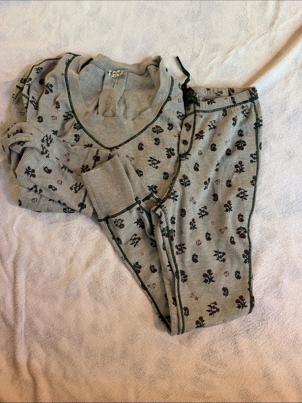 Intimately Free People Floral Thermal Pajama Set - Gray with Dark Floral Print